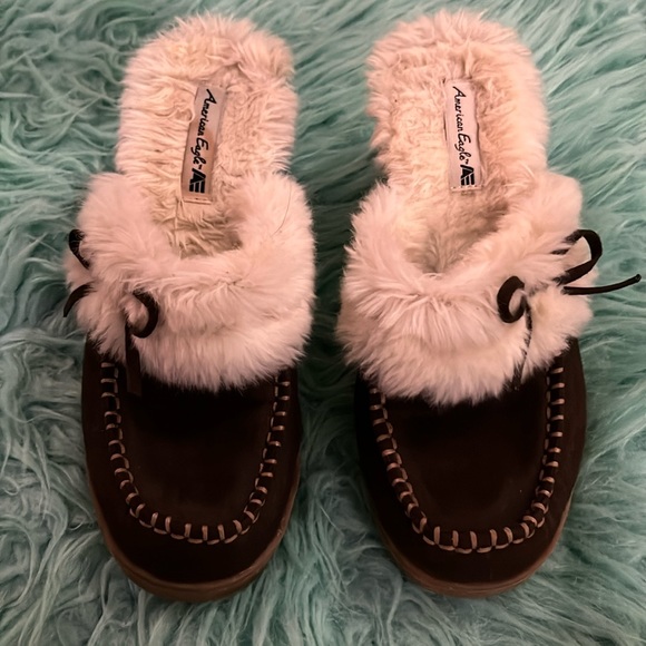 Fur lined wedge slides 8 moccasin clogs brown vegan suede faux sheep whip stitch - Picture 3 of 9